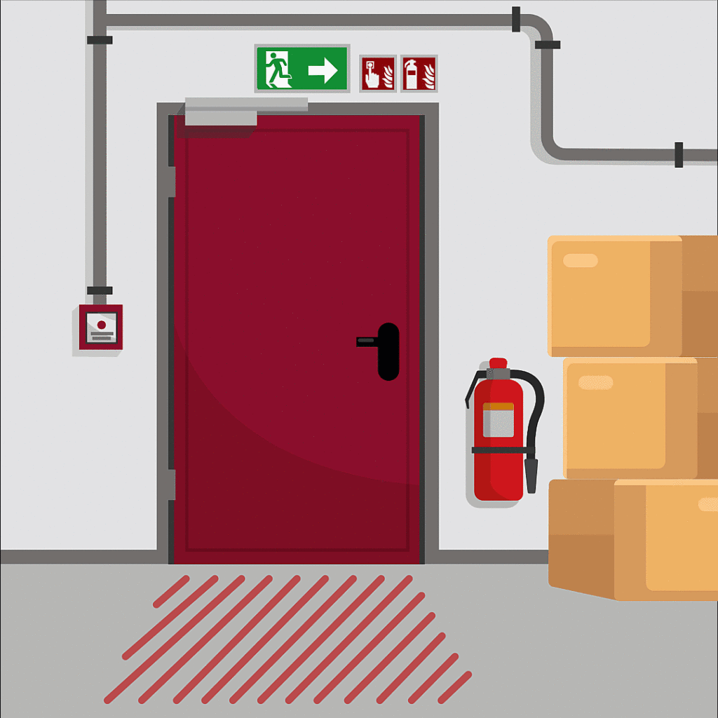 Animierter Slider, der zuertst eine rote T&uuml;r in einem Lager in Echtbild zeigt. Auf dem Boden vor der T&uuml;r sind Warnlinien in rot eingezeichnet und rechts neben der T&uuml;r ein Wagen mit Warenpaletten. Der Slider wechselt dann zu einer Illustration desselben Echtbilds. Dieser Wechsel verdeutlich die professionellen und individuellen Illustrationen, die wir f&uuml;r unsere eLearnings nutzen.
