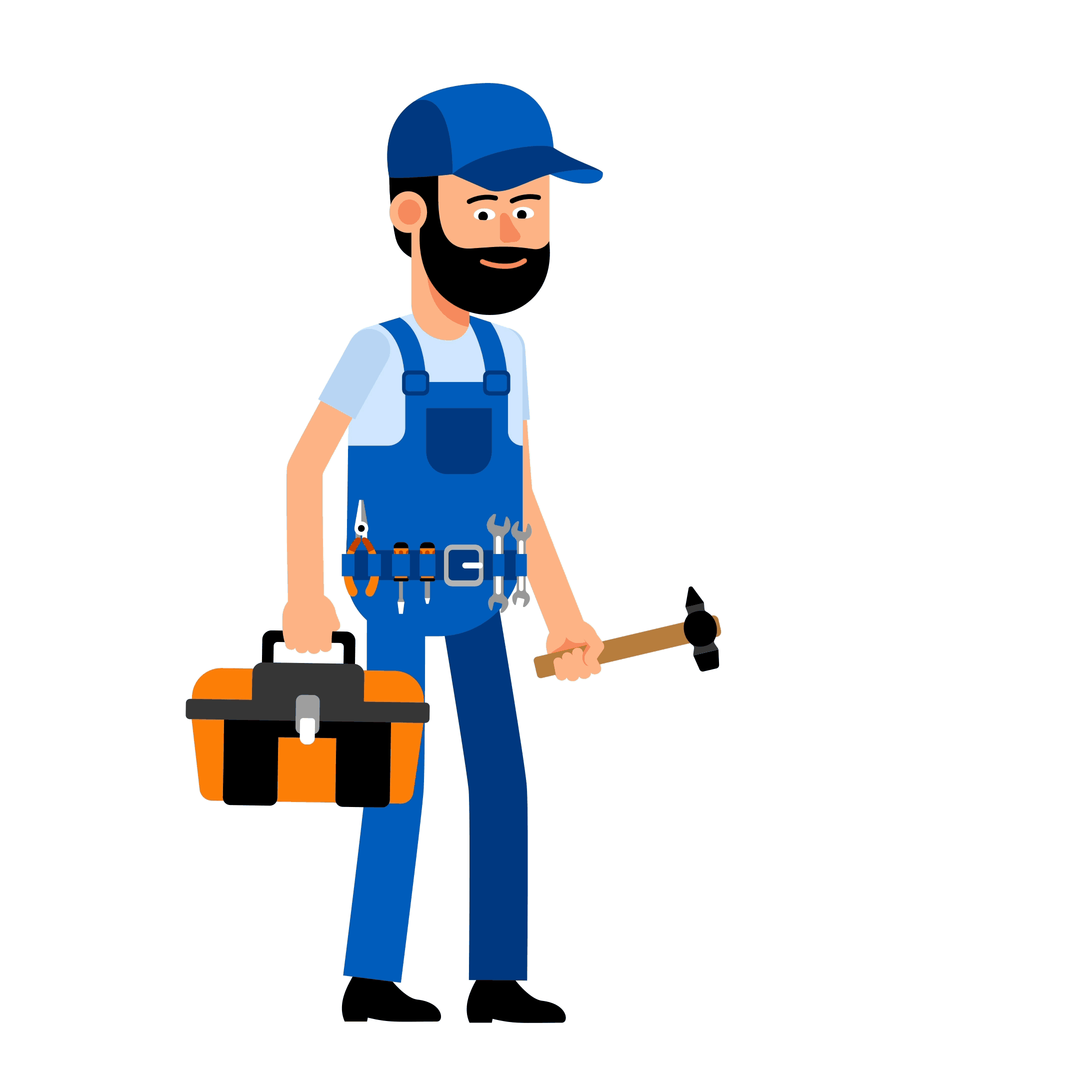 Cartoon Handwerker Figur im Blaumwann auf weißem Hintergrund. Es ist animiert und er wirft seinen Hammer in einer Hand hoch und fängt ihn auf. In der anderen Hand hält er seine Werkzeugkiste.