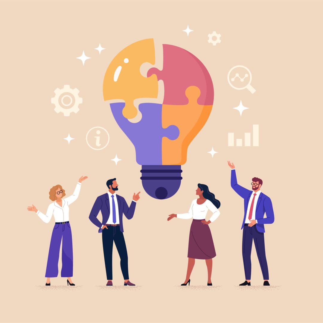 4 Personen in Arbeitrskleidung. In der Mitte eine große Glühbirne, die aus 4 Puzzleteilen besteht. Das letzte Puzzleteil fügt sich genau ein. Damit soll eine gute Zusammenarbeit und gute Ergebnisse repräsentiert werden.