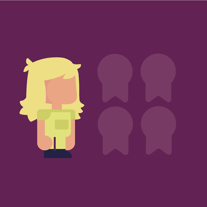 Zeigt einen Spielcharakter, der 4 Abzeichnen sammeln muss. Die Abzeichnen fliegen nach und nach ein. Dies verdeutlicht einen Sammelcharakter von Gamification in eLearnings, da Menschen gerne sammeln.